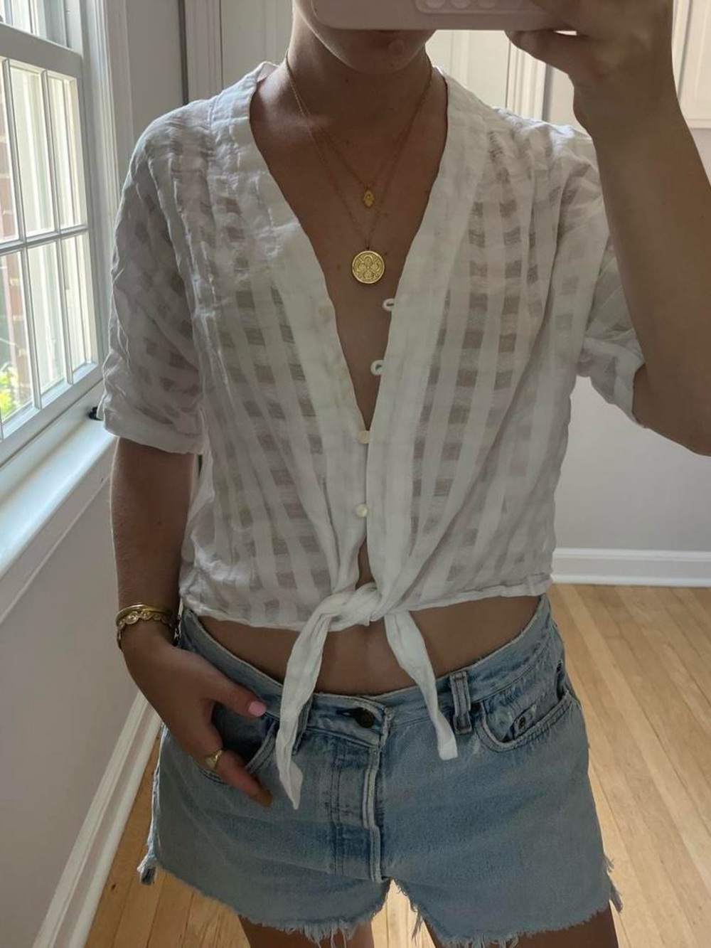 Rails White Sheer Stripe Tie-Front Button Shirt